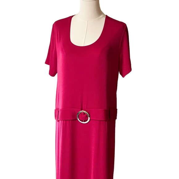 Slinky Brand HSN Dress Large Pink Sheath Knit SS with Silver Buckle Accent  NWT - Picture 1 of 13